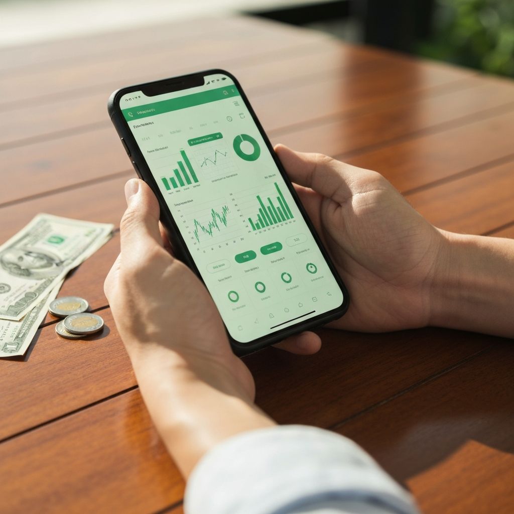 Person making money online for free using their phone with cash on table