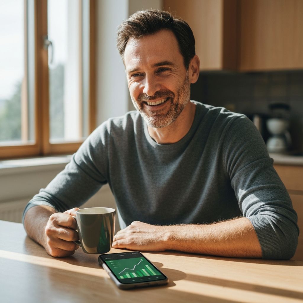 Man in his 40s making money online with the Digital ATM app on his phone while drinking coffee at midday